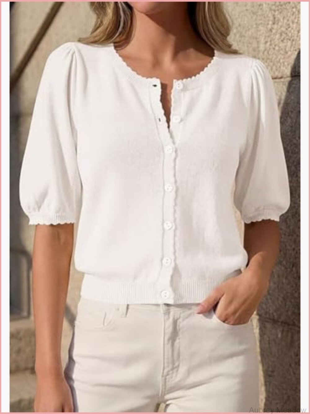 Puff Short Sleeve Cardigan Lightweight Button Down Knit Sweater Top - Picture 2 of 7